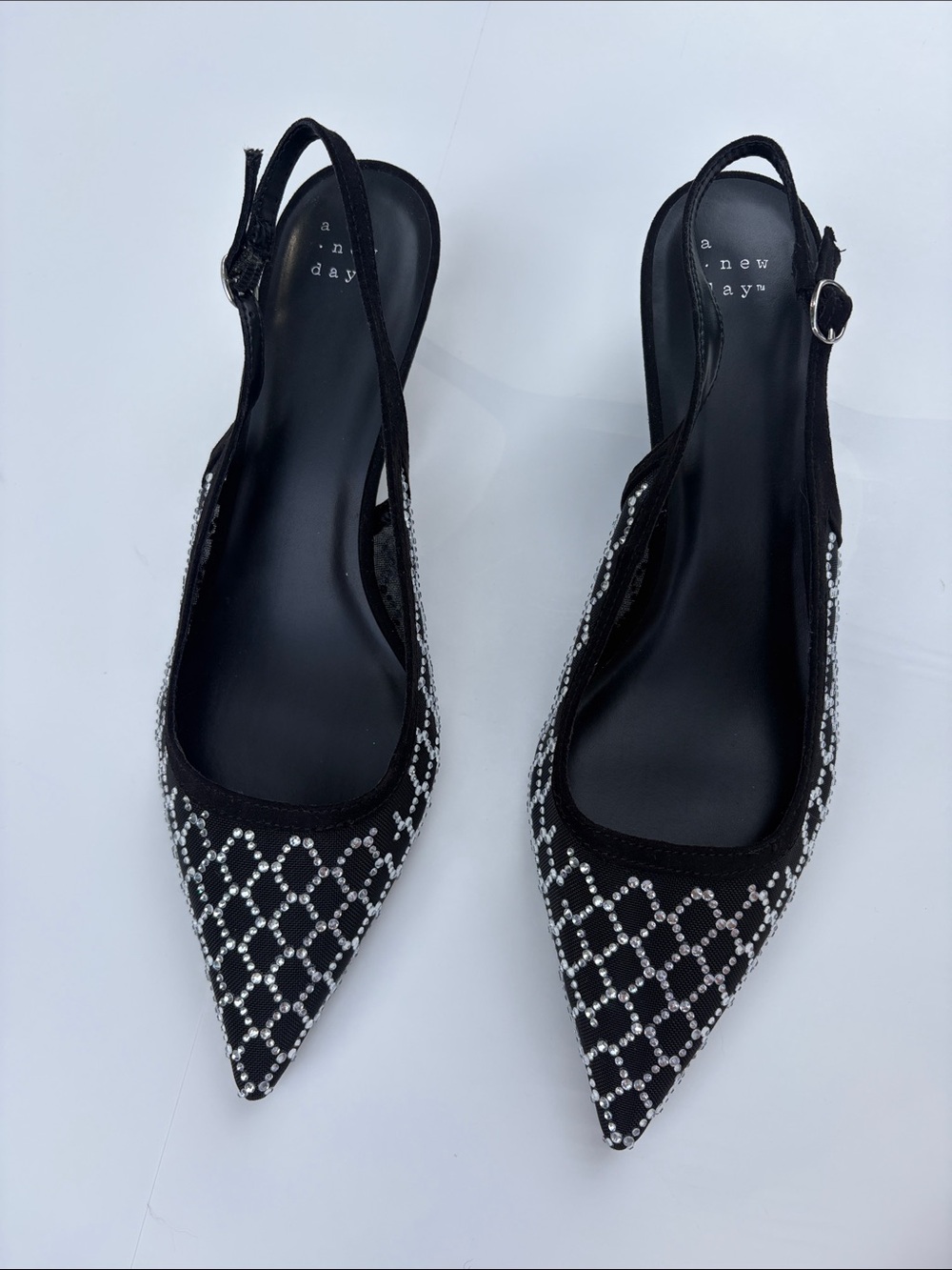 Like new- Sz 11 Black Slingback Kitten Heel Pumps with Crystal Accents - Picture 3 of 5